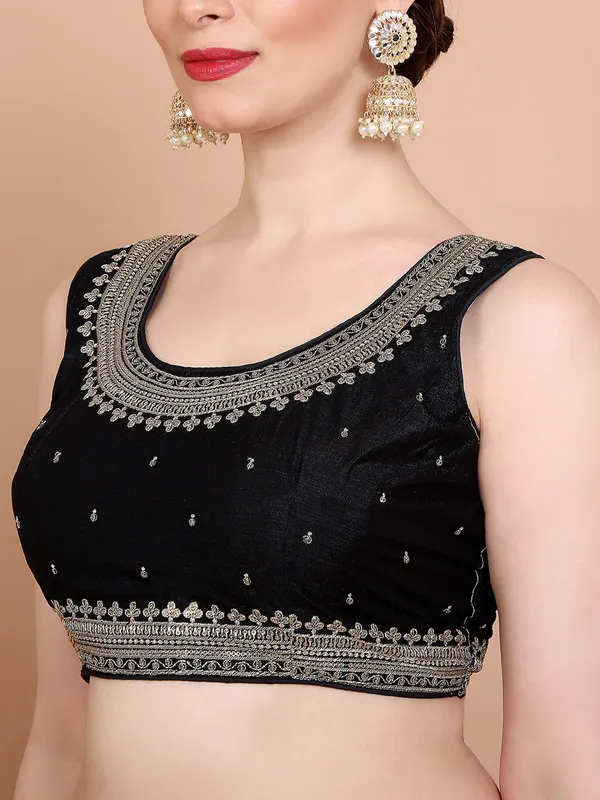 Black silk sleeveless ready made blouse with embroidered