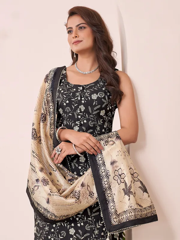 Black silk straight cut suit with printed dupatta