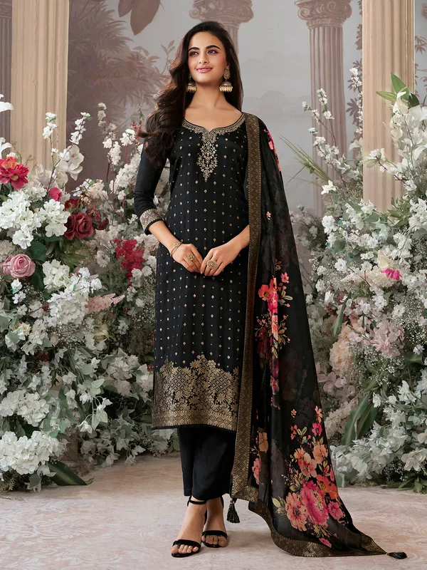 Black silk sweetheart neck festive salwar suit