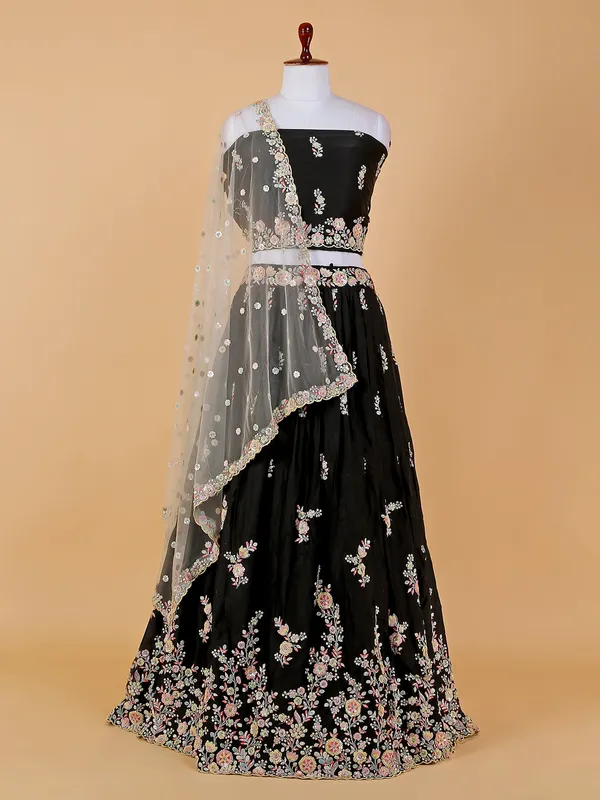 Black silk unstitched lehenga choli