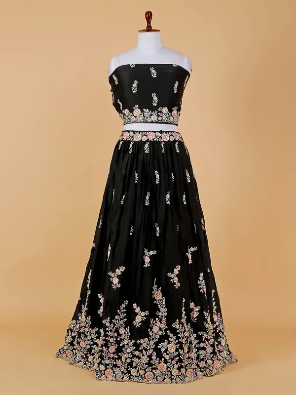 Black silk unstitched lehenga choli