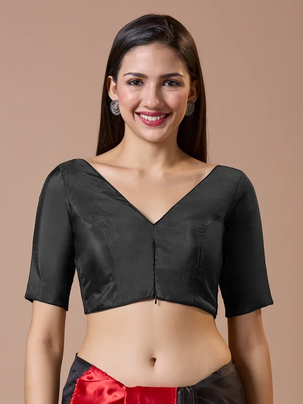 Black silk V neck comfort fit ready made blouse