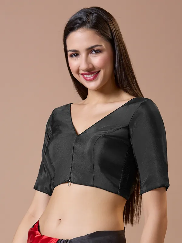 Black silk V neck comfort fit ready made blouse