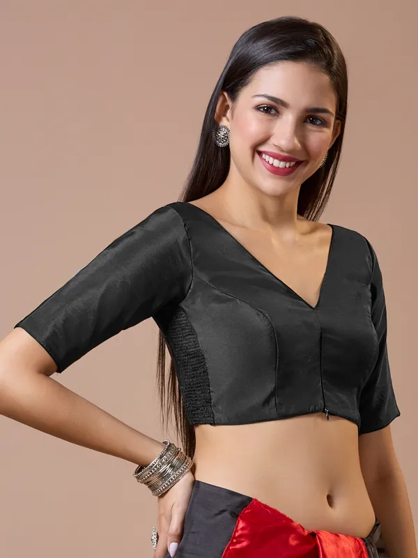 Black silk V neck comfort fit ready made blouse