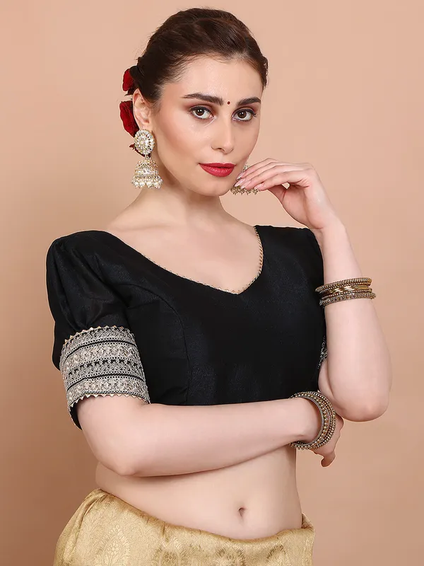 Black silk V neck ready made blouse with sequins weaving