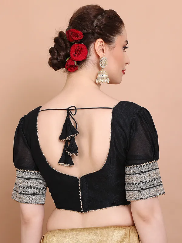 Black silk V neck ready made blouse with sequins weaving