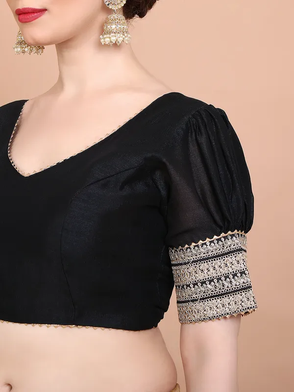 Black silk V neck ready made blouse with sequins weaving