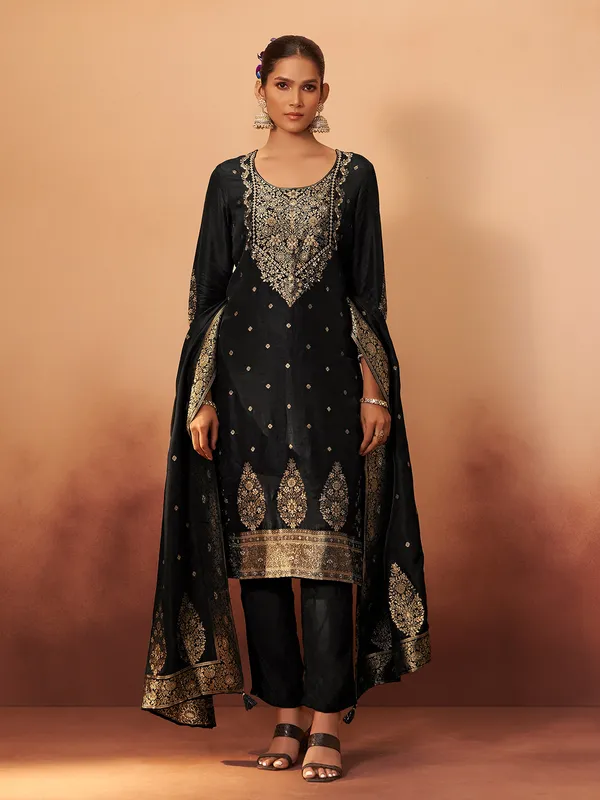 Black silk zari worked kurti set for women