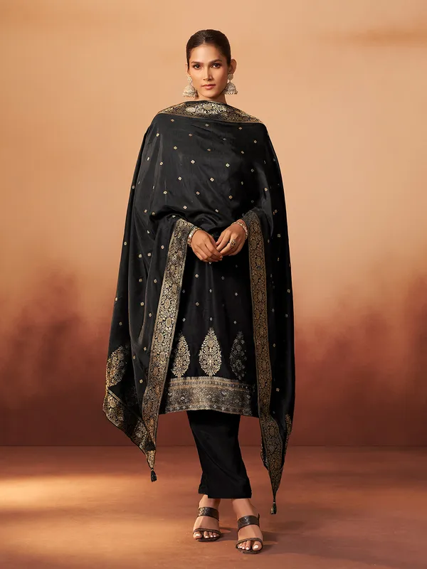 Black silk zari worked kurti set for women
