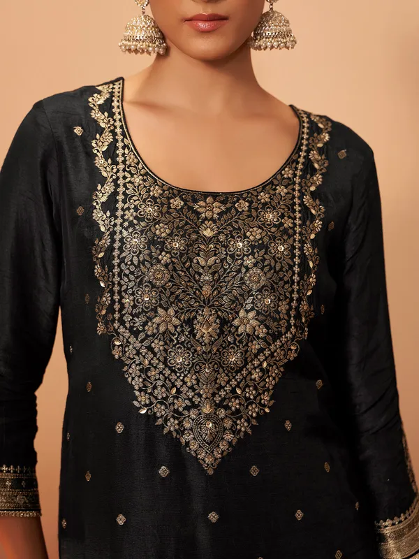 Black silk zari worked kurti set for women