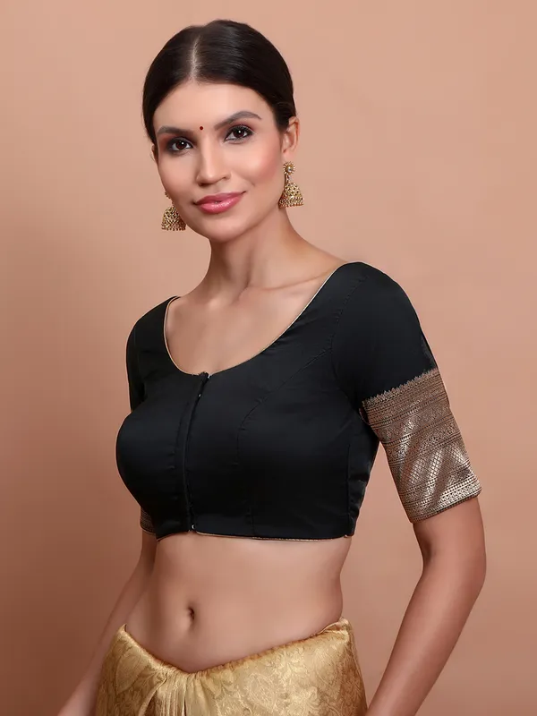 Black silk zari woven round neck ready made blouse