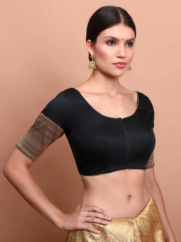 Black silk zari woven round neck ready made blouse