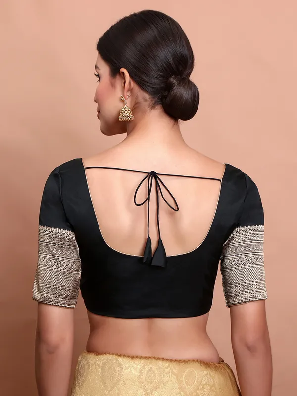 Black silk zari woven round neck ready made blouse