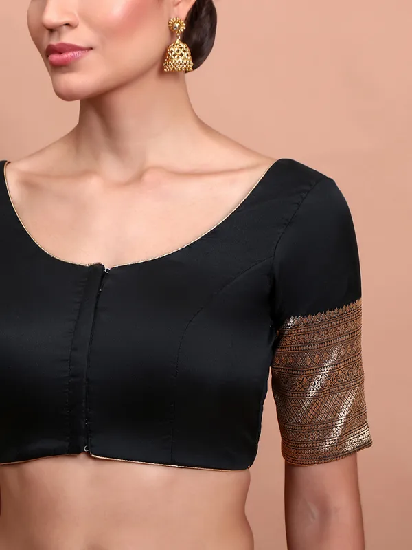 Black silk zari woven round neck ready made blouse