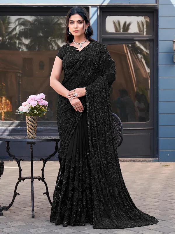 Black soft net saree with beads cutdana detailing
