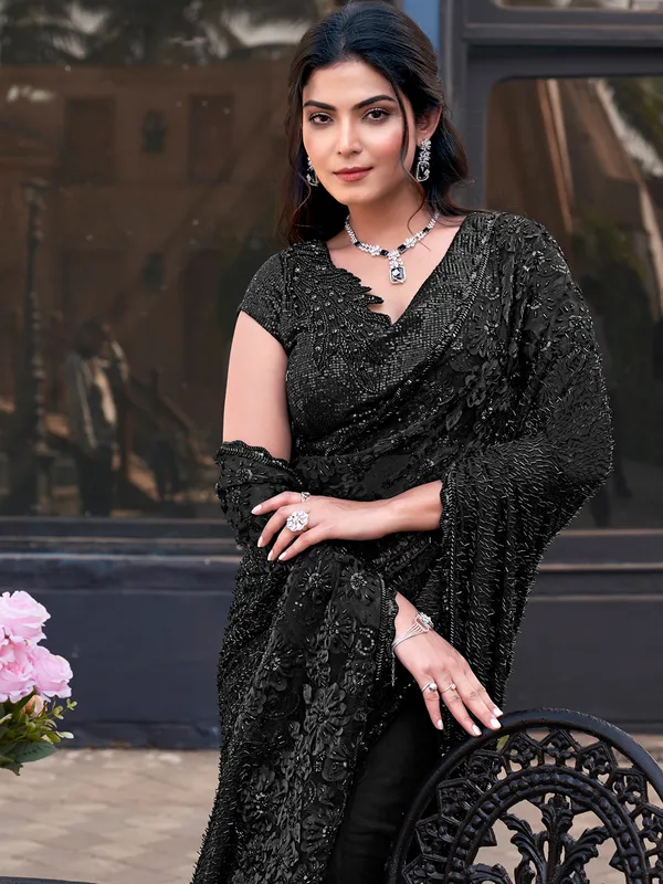 Black soft net saree with beads cutdana detailing
