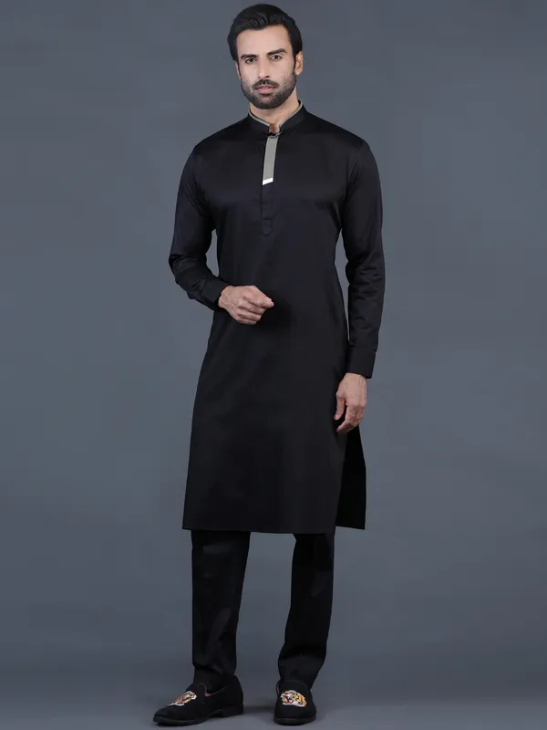 Black solid cotton mens pathani suit