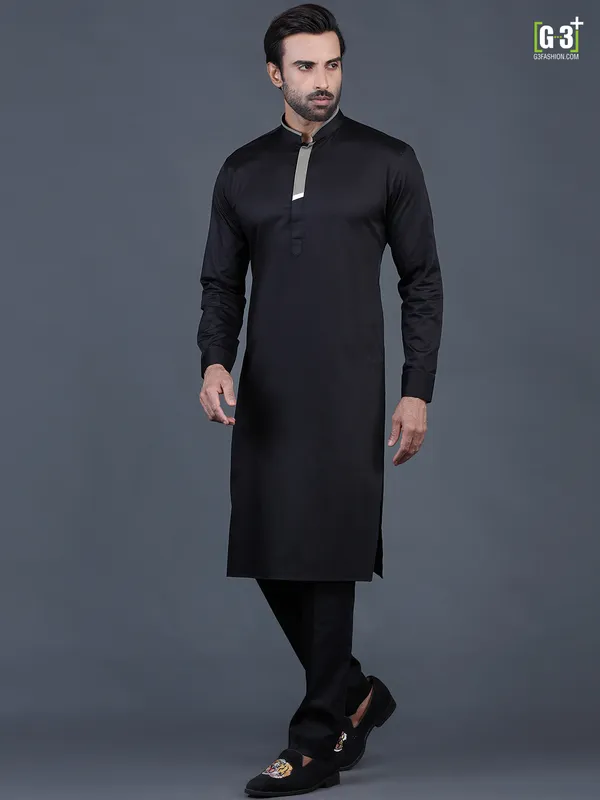 Black solid cotton mens pathani suit