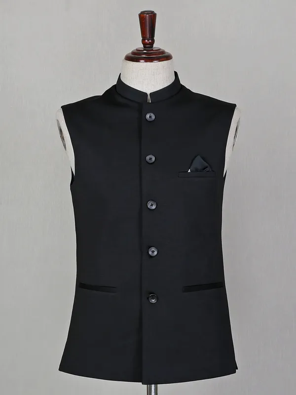 Black solid style terry rayon mens party wear waistcoat