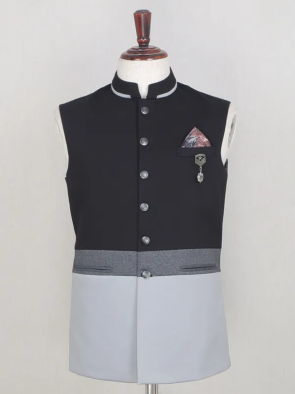 Black solid style terry rayon mens waistcoat