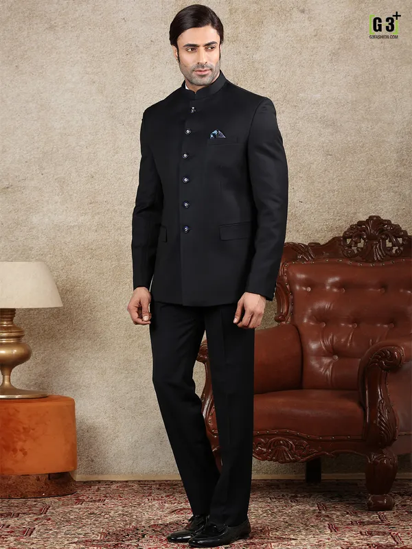 Black solid terry rayon jodhpuri suit