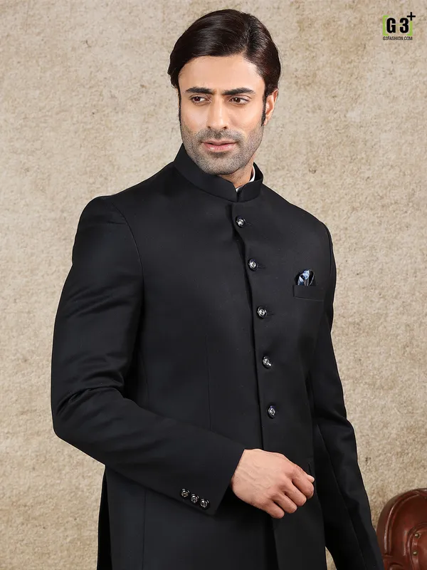 Black solid terry rayon jodhpuri suit