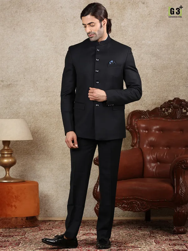 Black solid terry rayon jodhpuri suit