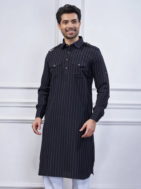 Black stripe cotton pathani set for men