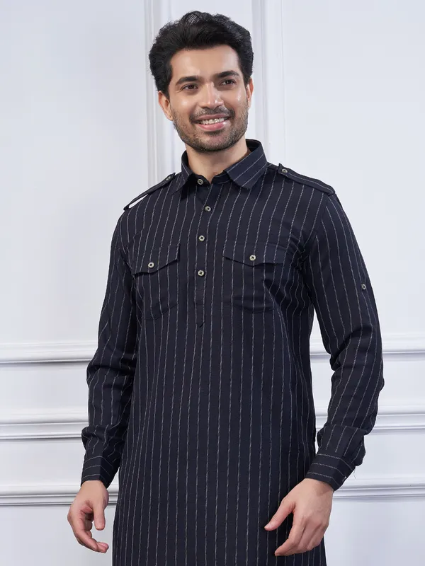 Black stripe cotton pathani set for men