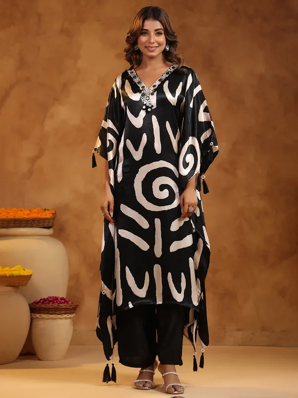 Black stylish printed satin silk kurti set