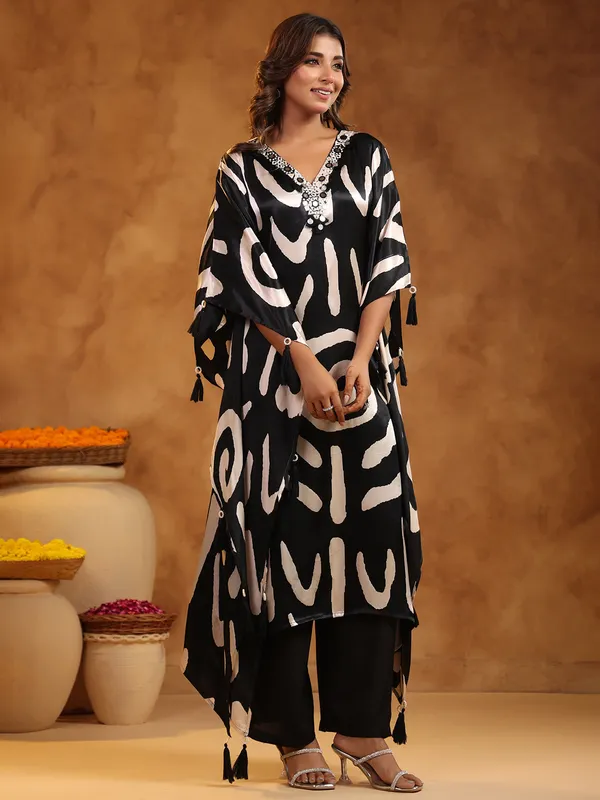 Black stylish printed satin silk kurti set