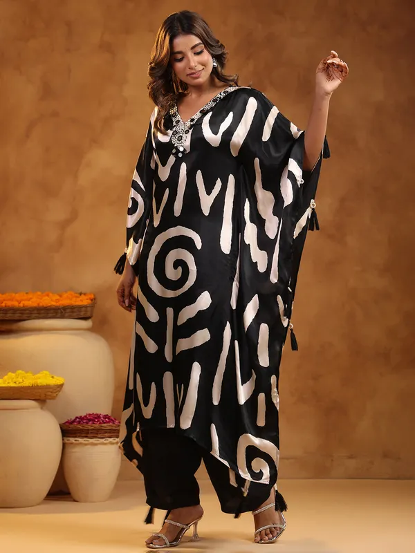 Black stylish printed satin silk kurti set