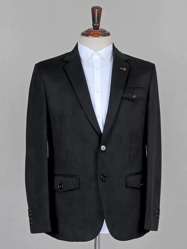 Black suede solid fabric men blazer