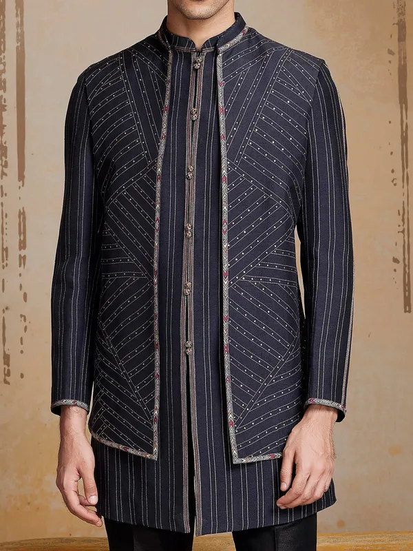 Black terry raton Semi-Indowestern for men