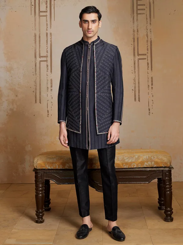 Black terry raton Semi-Indowestern for men