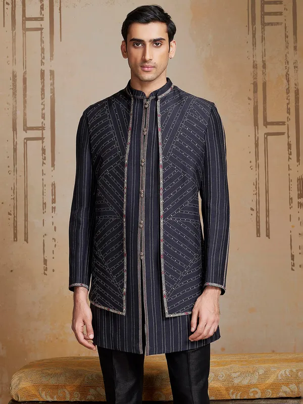 Black terry raton Semi-Indowestern for men