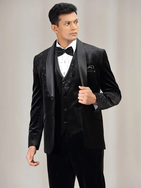 Black terry rayon coat suit for wedding with diamond work