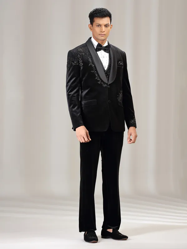 Black terry rayon coat suit for wedding with diamond work