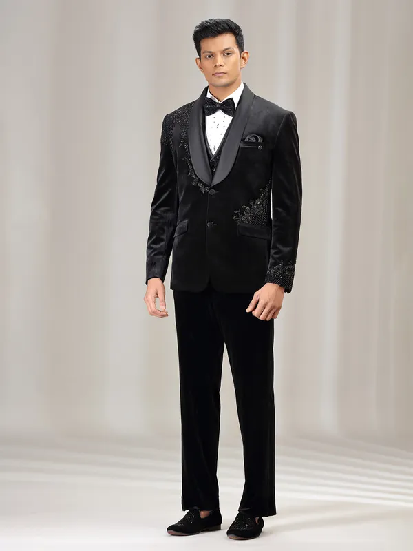 Black terry rayon coat suit for wedding with diamond work