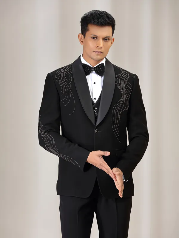 Black terry rayon coat suit with bead work