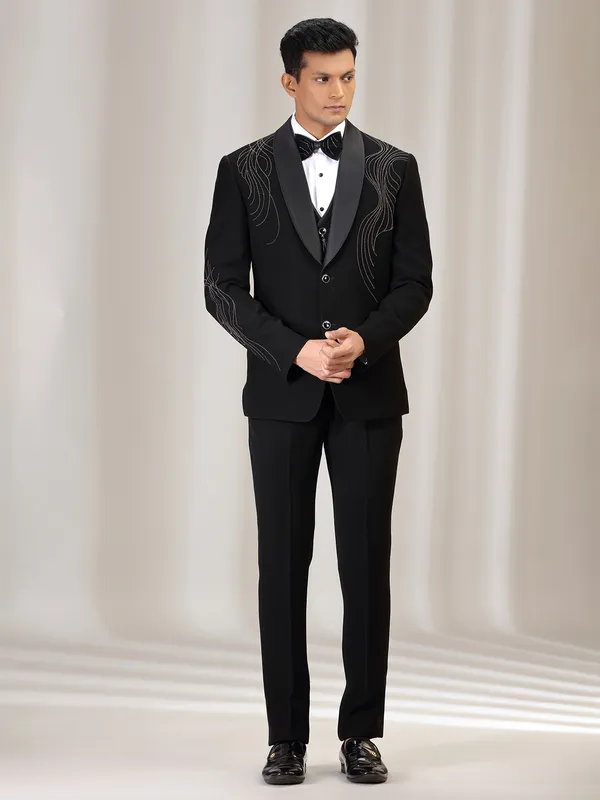 Black terry rayon coat suit with bead work