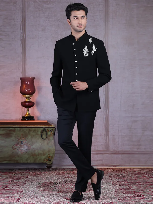 Black terry rayon designer jodhpuri suit with thread work