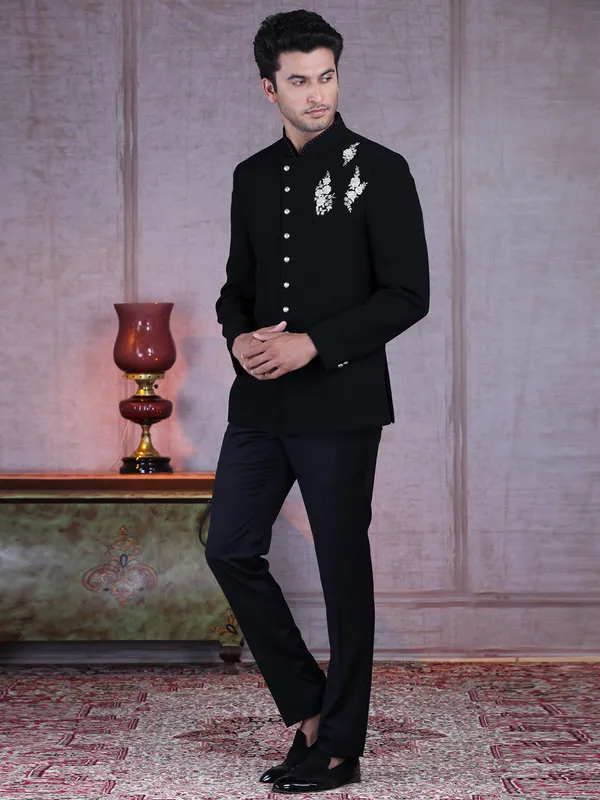 Black terry rayon designer jodhpuri suit with thread work
