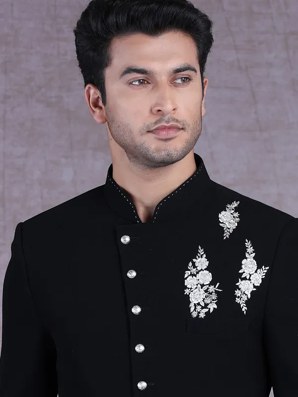 Black terry rayon designer jodhpuri suit with thread work