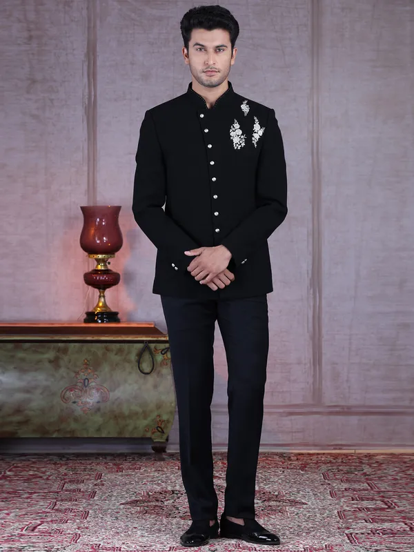 Black terry rayon designer jodhpuri suit with thread work