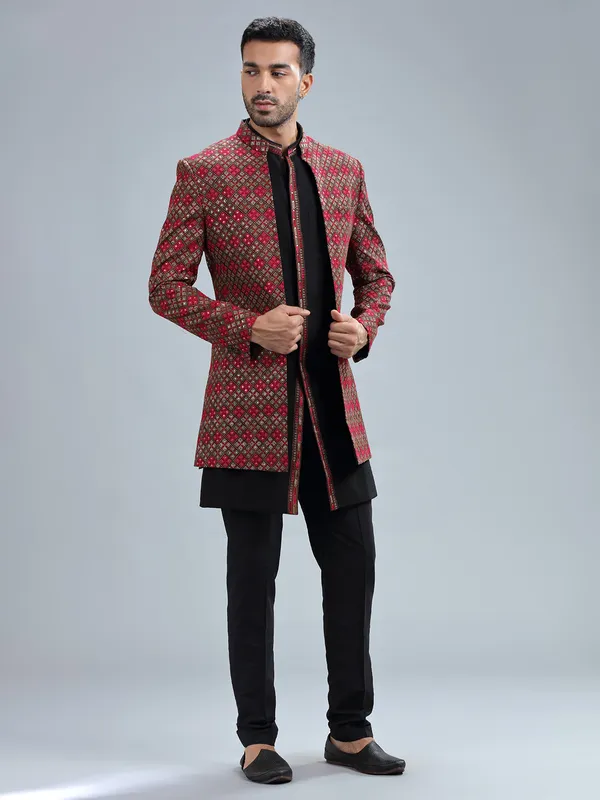 Black terry rayon embroidery indowestern for men
