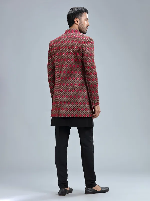 Black terry rayon embroidery indowestern for men