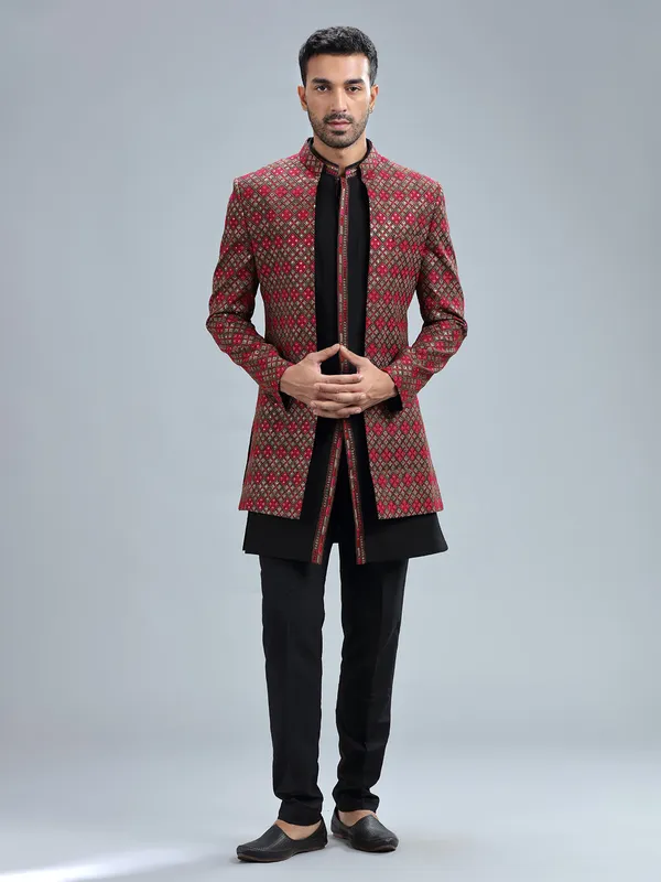 Black terry rayon embroidery indowestern for men