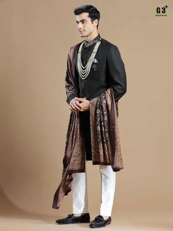 Black terry rayon groom wear designer sherwani