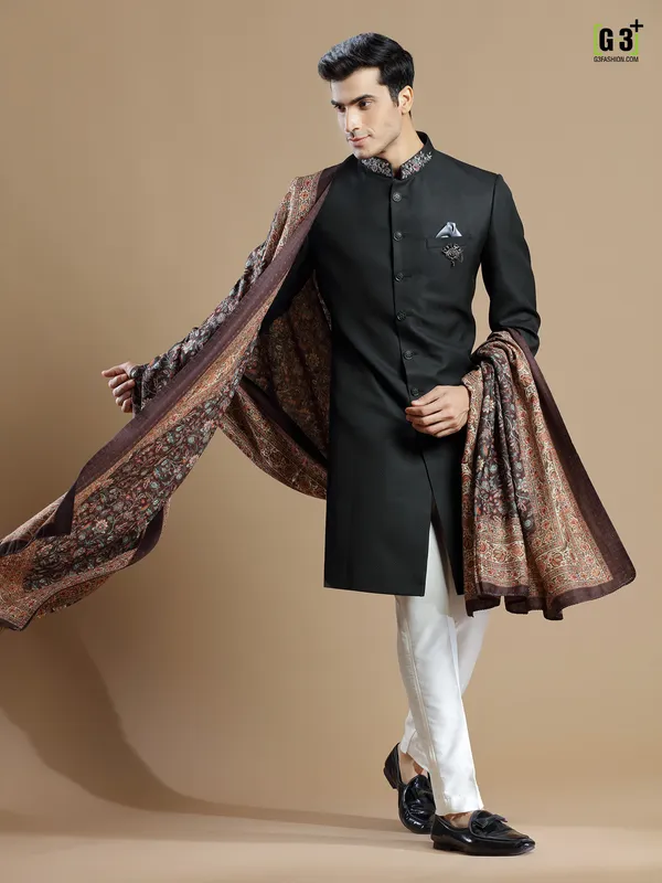 Black terry rayon groom wear designer sherwani